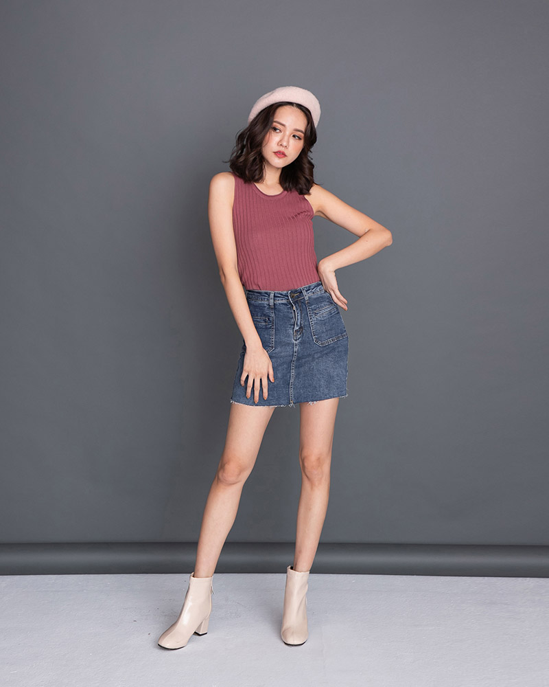 现货★平口弹性牛仔短裤裙