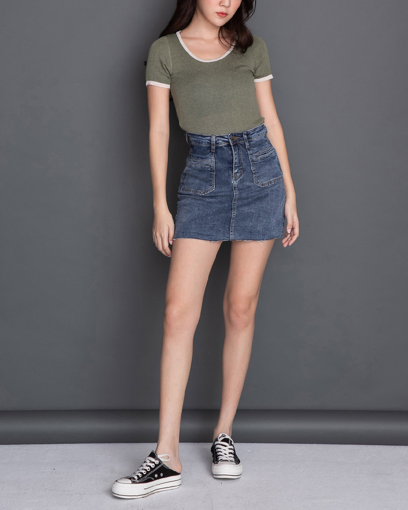 现货★平口弹性牛仔短裤裙